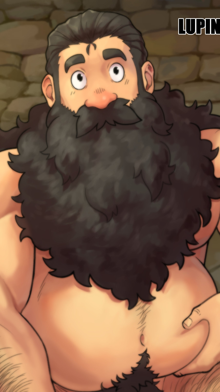 1boy absurdres bara beard belly belly_grab brown_hair cowboy_shot dungeon_meshi dwarf facial_hair highres long_beard lupin_barnabi male_focus mature_male navel navel_hair nude paid_reward_available plump senshi_(dungeon_meshi) solo stomach tareme thick_arm_hair thick_eyebrows thick_mustache very_long_beard wide-eyed