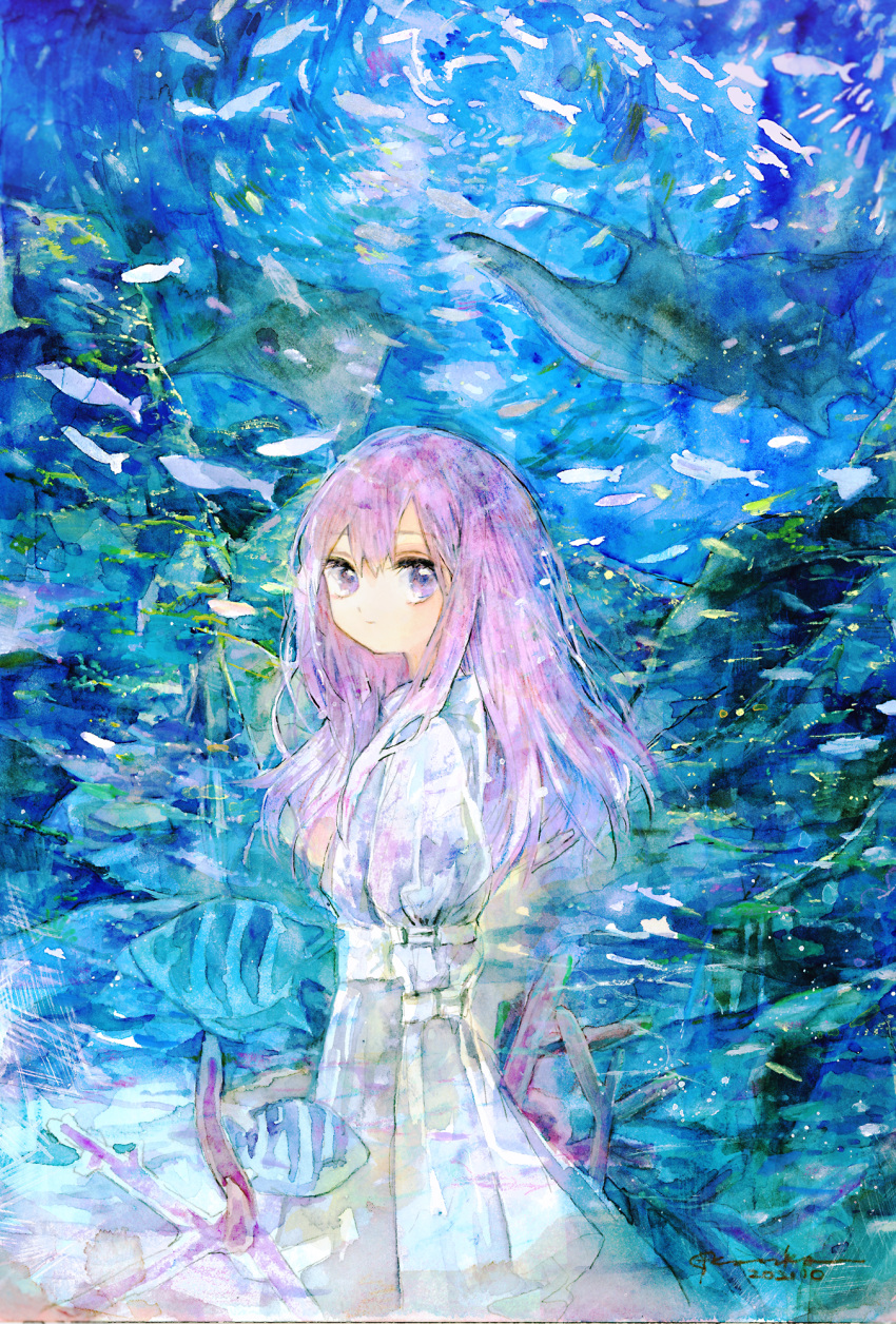 1girl dress fish from_side highres kazuka long_dress long_hair looking_at_viewer looking_to_the_side original painting_(medium) purple_eyes purple_hair solo stingray traditional_media watercolor_(medium) white_dress wide_sleeves