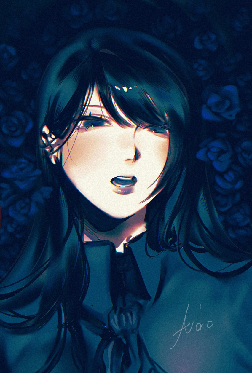 1girl 77_(leu3_x) ado_(utaite) ascot black_ascot black_hair black_shirt blue_eyes blue_flower blue_rose chando_(ado) character_name cloud_nine_inc collared_shirt commentary flower hashtag-only_commentary highres long_hair looking_at_viewer open_mouth rose shirt solo teeth upper_body utaite