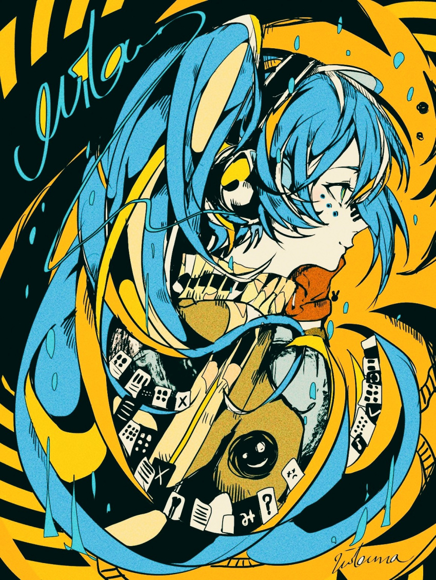 1girl 3kuma aqua_eyes aqua_hair blue_hair breasts brown_gloves cheek_rest facial_mark facial_tattoo from_side gloves graffiti hair_between_eyes hand_on_own_cheek hand_on_own_face hatsune_miku headphones headset highres light_blue_hair limited_palette long_hair matryoshka_(vocaloid) no_hood pale_skin profile ringed_eyes signature small_breasts smile smiley_face solo sweater tattoo twintails two-tone_eyes very_long_hair vocaloid yellow_background yellow_eyes yellow_sweater