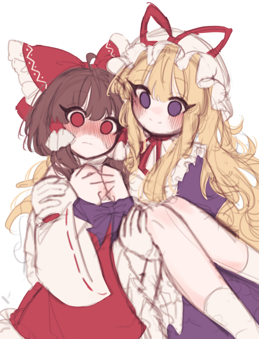 2girls absurdres blonde_hair blush bound bound_wrists bow brown_hair carrying dress hair_bow hakurei_reimu hat highres long_hair long_sleeves looking_at_viewer mob_cap multiple_girls nose_blush princess_carry purple_eyes red_eyes ribbon ribbon_bondage sketch smile sweat tohou89 touhou very_long_hair yakumo_yukari yuri