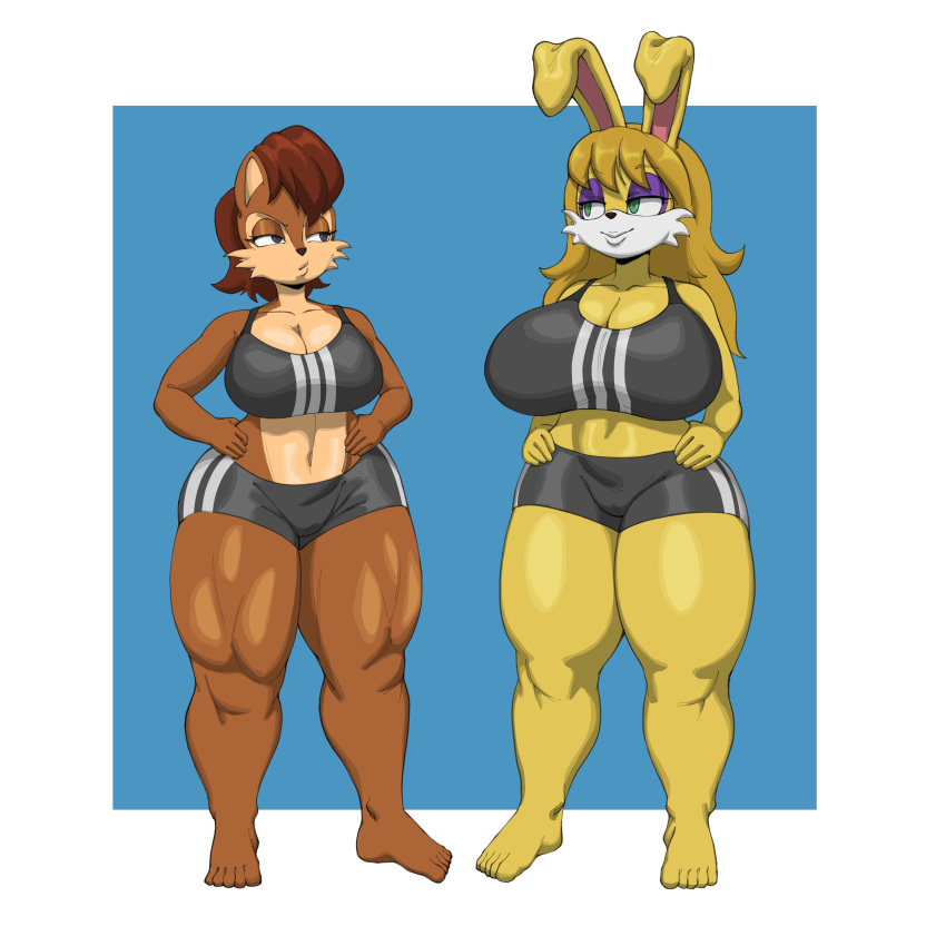 absurd_res anthro archie_comics big_breasts blue_eyes bottomwear breasts brown_body brown_fur brown_hair bunnie_rabbot chipmunk cleavage clothed clothing crop_top duo eyeshadow feet female fur green_eyes ground_squirrel hair hand_on_hip hi_res lagomorph leporid long_hair makeup mammal megahand6 muscular muscular_female muscular_thighs rabbit rodent sally_acorn sciurid sega shirt shorts smile smirk sonic_the_hedgehog_(archie) sonic_the_hedgehog_(comics) sonic_the_hedgehog_(series) thick_thighs topwear tree_squirrel yellow_eyes