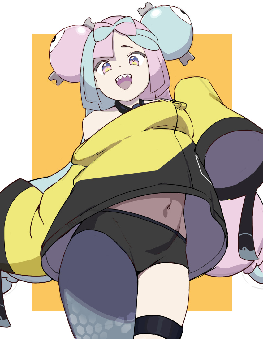 1girl :d aqua_hair black_shorts bow-shaped_hair character_hair_ornament commentary hair_ornament highres iono_(pokemon) jacket kachobi_(user_atuh5854) long_sleeves looking_at_viewer multicolored_hair navel orange_background pink_hair pokemon pokemon_sv sharp_teeth shorts single_leg_pantyhose sleeves_past_fingers sleeves_past_wrists smile solo standing teeth thigh_strap two-tone_background two-tone_hair upper_teeth_only white_background yellow_eyes yellow_jacket