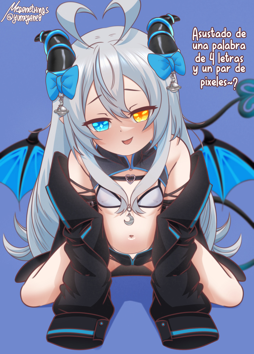 1girl akugaki_koa all_fours alternate_language antenna_hair arm_strap artist_name bikini black_footwear black_horns black_jacket black_shorts black_tail black_wings blue_background blue_bow blue_eyes blue_trim blue_wings bow buckle chest_belt commentary covered_nipples demon_girl demon_horns demon_tail demon_wings diamond-shaped_pupils diamond_(shape) flat_chest hair_bow head_tilt heart heart-shaped_buckle heart_antenna_hair heterochromia highleg highleg_bikini highres horns idol_corp jacket long_hair looking_at_viewer meganethings mesugaki navel off_shoulder paid_reward_available short_shorts shorts shrug_(clothing) sleeveless sleeves_past_fingers sleeves_past_wrists smirk solo spanish_text spread_legs stomach swimsuit symbol-only_commentary symbol-shaped_pupils tail twitter_username variant_set virtual_youtuber white_bikini white_hair wings yellow_eyes