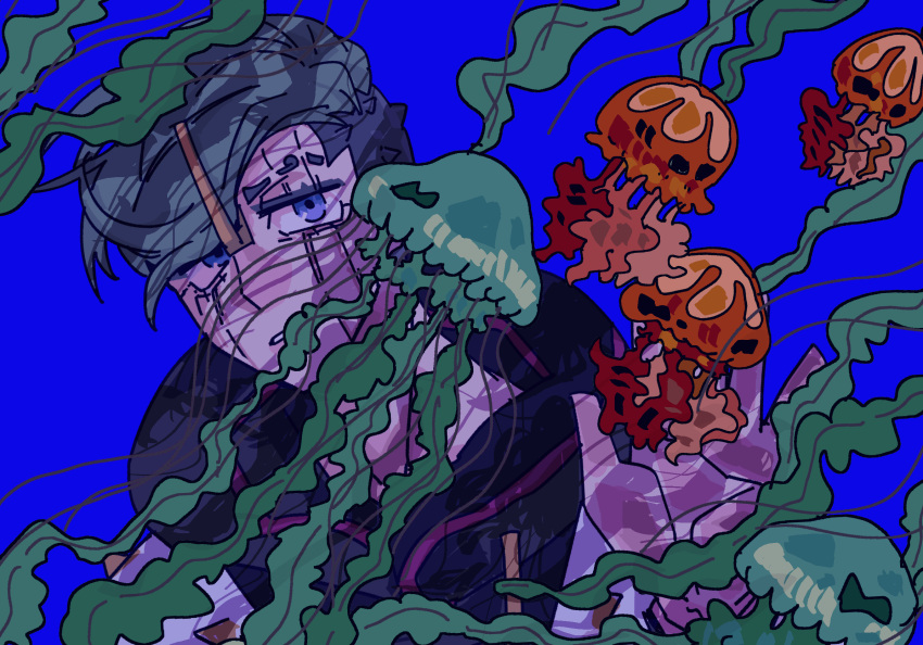 1boy blue_background blue_eyes facial_mark green_hair hair_ornament hairclip hand_up higashikata_jobin highres hood hoodie jellyfish jojo_no_kimyou_na_bouken jojolion male_focus parted_lips seaweed solo swampland