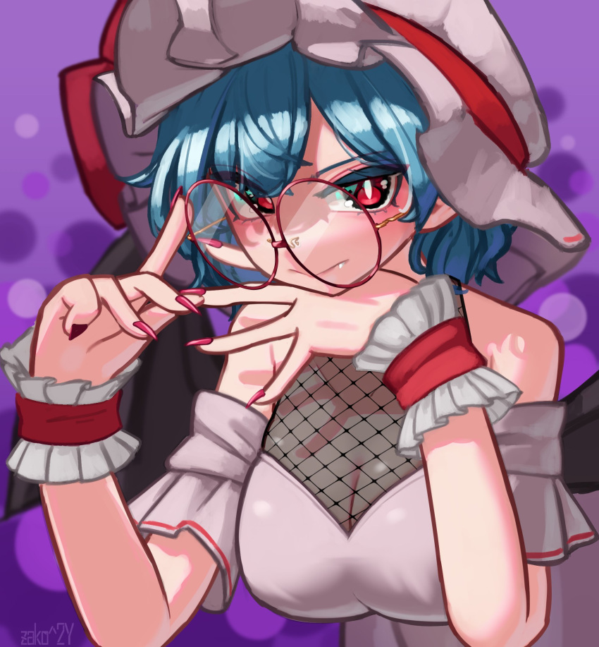 1girl alternate_costume ascot bare_shoulders bat_wings blue_hair breasts cleavage closed_mouth dress fang fishnet_top fishnets glasses hat hat_ribbon highres looking_at_viewer mob_cap pink_dress pink_hat red_eyes red_nails remilia_scarlet ribbon round_eyewear short_hair solo touhou wings wrist_cuffs zakozako_y