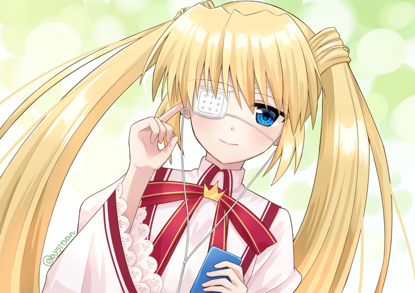 1girl blonde_hair blue_eyes blush closed_mouth commentary crown dress dutch_angle earphones eyepatch frilled_sleeves frills hair_between_eyes hand_up happy highres holding holding_phone index_finger_raised juliet_sleeves kazamatsuri_institute_high_school_uniform long_hair long_sleeves looking_at_viewer medical_eyepatch mini_crown nakatsu_shizuru neck_ribbon one_eye_covered phone puffy_sleeves red_ribbon rewrite ribbon sai_(aysityan) school_uniform sidelocks smile solo split_mouth straight_hair tsurime twintails twitter_username upper_body very_long_hair white_dress wide_sleeves