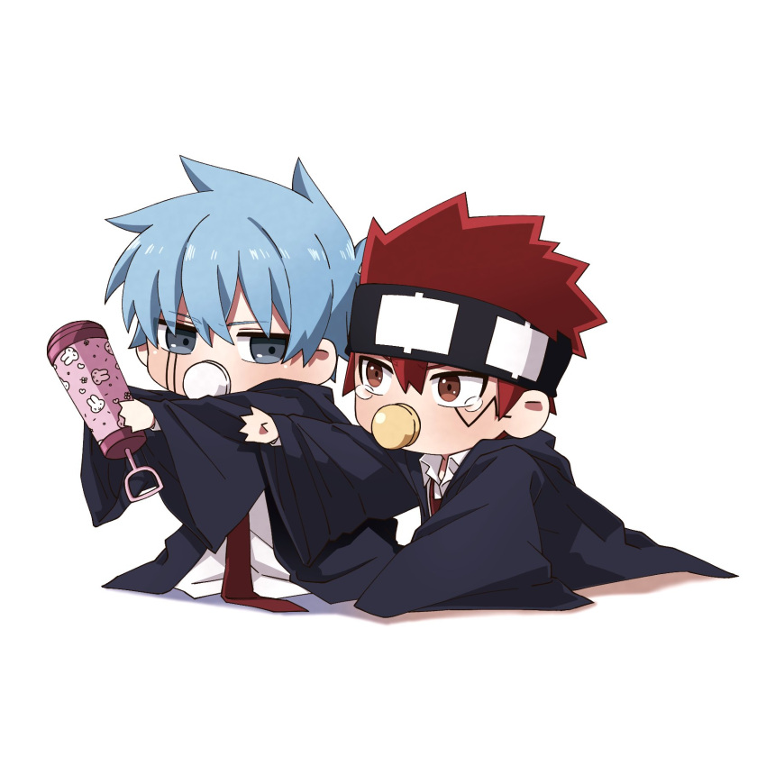 2boys aged_down baby black_robe blue_eyes blue_hair collared_shirt daut_barret facial_mark headband highres kulbeart_m lance_crown mashle multiple_boys necktie pacifier red_eyes red_hair red_necktie robe shirt spiked_hair tears white_shirt