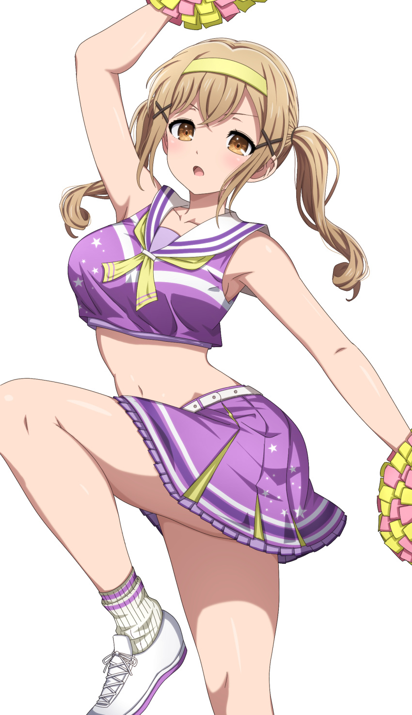 1girl absurdres bang_dream! belt breasts brown_eyes brown_hair cheerleader collarbone commentary crop_top crossed_bangs hair_ornament hairband highres ichigaya_arisa large_breasts long_hair looking_at_viewer midriff navel neckerchief noshimurin open_mouth pom_pom_(cheerleading) purple_skirt sailor_collar simple_background skirt sleeveless socks solo standing standing_on_one_leg twintails white_background white_belt white_sailor_collar white_socks x_hair_ornament yellow_hairband yellow_neckerchief