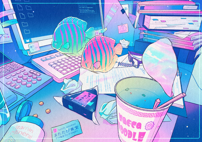 book book_stack border chopsticks computer cup_ramen desk food glasses highres keyboard_(computer) monitor no_humans office onigiri original paper phone pill pill_bottle sticky_note surreal tropical_fish unworn_eyewear wacca005