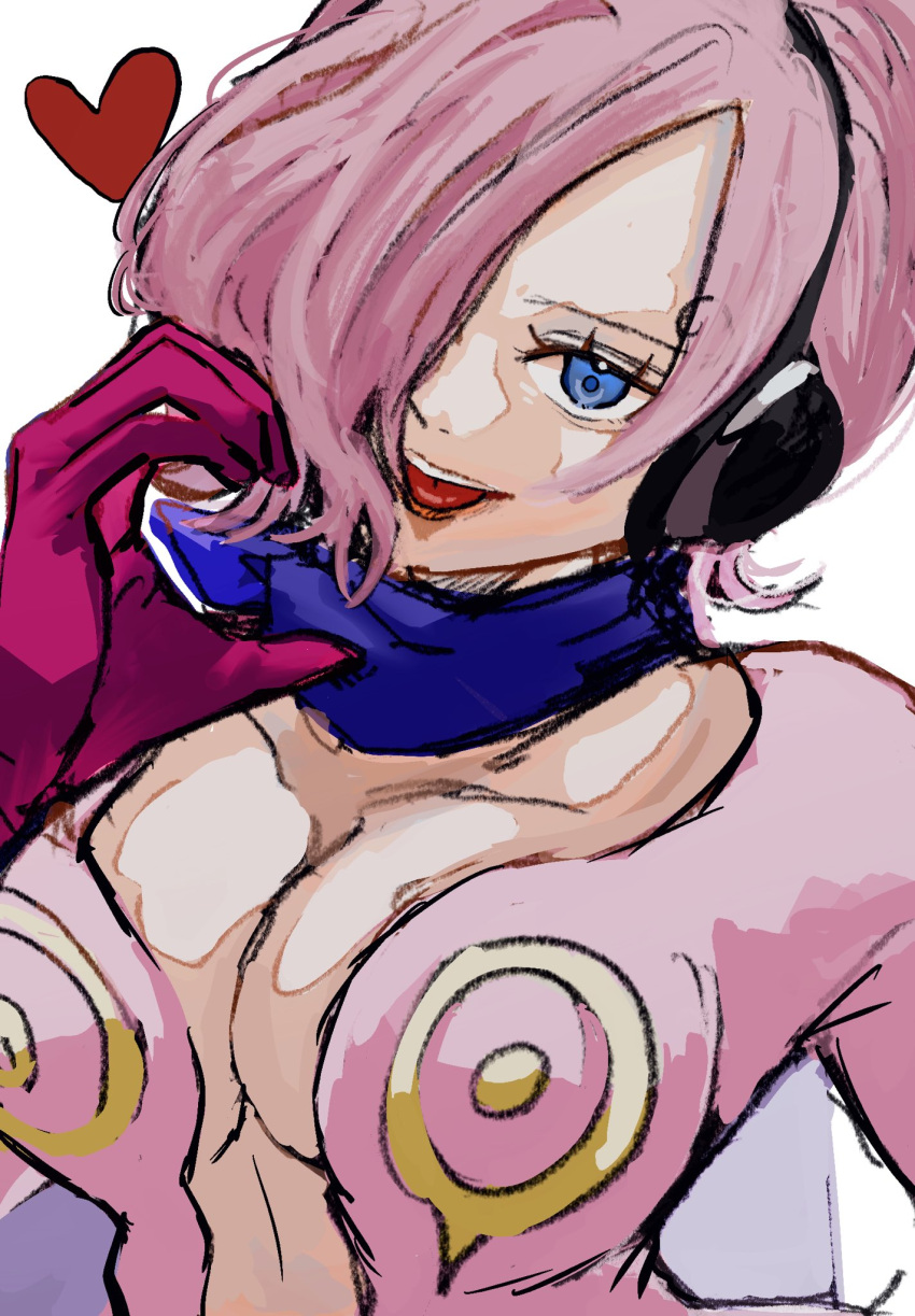 1girl blue_eyes blue_hair blue_neckerchief breasts cleavage commentary_request curly_eyebrows dress gloves hair_over_one_eye headphones heart highres looking_at_viewer medium_hair neckerchief one_piece pink_dress pink_gloves pink_hair ri_fanart simple_background solo tongue tongue_out vinsmoke_reiju white_background