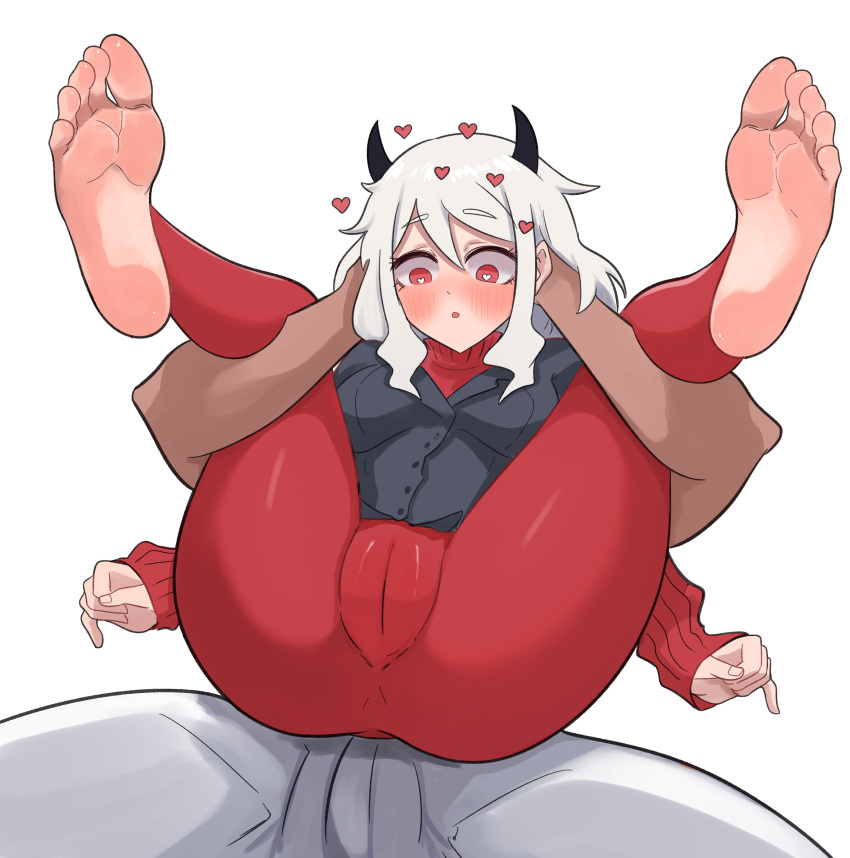 1boy 1girl absurdres black_jacket blush breasts cameltoe demon_girl demon_horns feet full_nelson heart helltaker helltaker_(character) highres horns jacket long_hair medium_breasts modeus_(helltaker) open_mouth pantyhose red_eyes red_pantyhose red_sweater sero simple_background soles sweater white_background white_hair