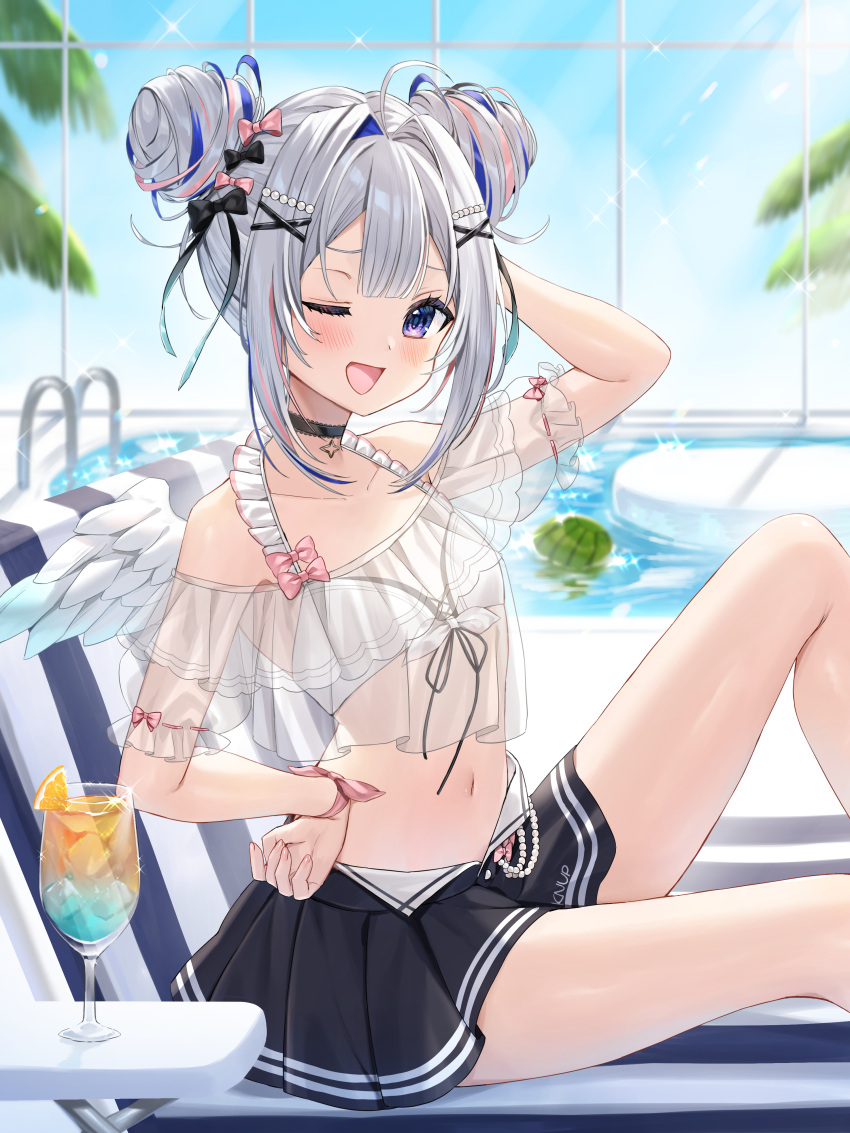 1girl ;d absurdres amane_kanata amane_kanata_(7th_costume) angel angel_wings bikini black_bow black_choker black_skirt blue_sky blush bow choker cloud cocktail cocktail_glass collarbone commentary_request cup day double_bun drinking_glass grey_hair hair_bow hair_bun hair_ornament highres hololive indoors looking_at_viewer multicolored_hair navel official_alternate_costume one_eye_closed open_mouth pink_bow purple_eyes runlan_0329 sidelocks sitting skirt sky smile solo swimsuit thighs virtual_youtuber white_bikini white_wings wings x_hair_ornament