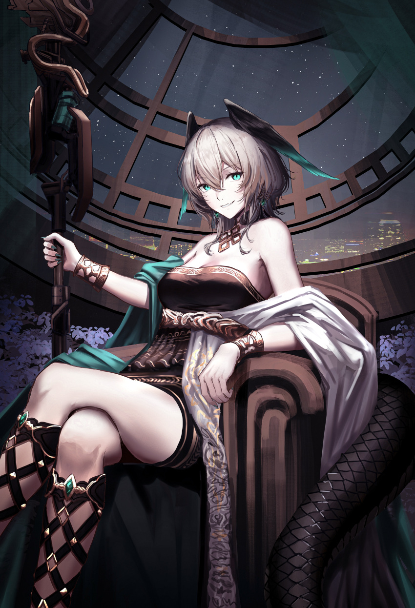 1girl absurdres ambience_synesthesia aqua_eyes aqua_nails aqua_wings arknights bare_shoulders black_dress bracelet breasts cleavage dress feathered_wings feet_out_of_frame grey_hair hair_between_eyes head_wings highres ho'olheyak_(arknights) ho'olheyak_(carriage_of_the_winds_of_time)_(arknights) jewelry large_breasts long_tail looking_at_viewer medium_hair nail_polish official_alternate_costume ressec scales sidelocks sitting smile snake_tail solo strapless strapless_dress tail two-tone_wings wings
