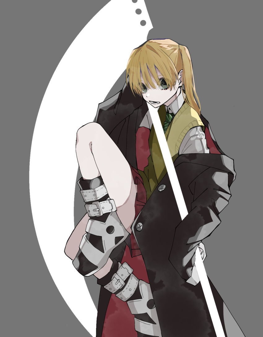 1girl blonde_hair cardigan collared_shirt gloves green_eyes green_necktie head_tilt highres holding holding_scythe holding_weapon looking_at_viewer maka_albarn miniskirt necktie open_cardigan open_clothes plaid plaid_skirt sanma_(sss_sss_ssu) scythe shirt skirt soul_eater striped_necktie sweater_vest twintails weapon white_gloves white_shirt