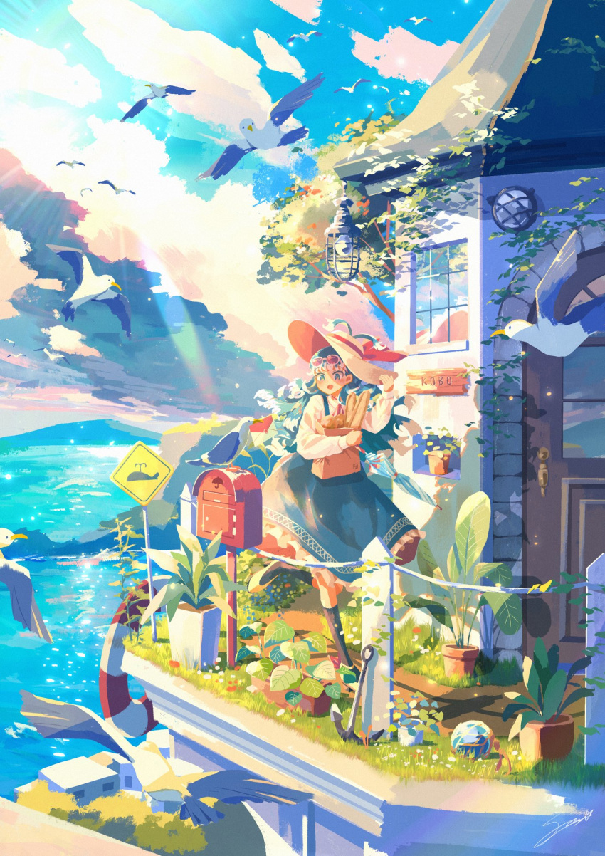 1girl anchor antenna_hair atelier_umiyury bag baguette bird blue_dress blue_eyes blue_hair blue_sky bread cloud commentary day door dress eyewear_on_head food frilled_dress frills grass hand_on_headwear hat highres hololive hololive_indonesia kobo_kanaeru long_hair long_sleeves mailbox_(incoming_mail) nameplate ocean outdoors paper_bag plant potted_plant railing scenery seagull shirt sign sky smile solo sun_hat sunglasses tower umbrella white_shirt