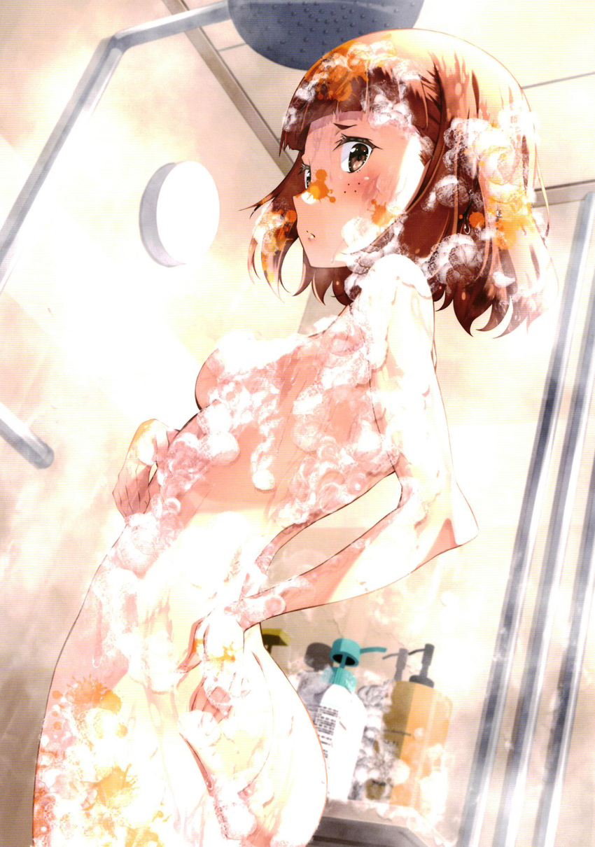 1girl ass blush breasts brown_eyes closed_mouth foam freckles highres indoors izumi_mahiru janome_erika_(lycoris_recoil) lycoris_recoil non-web_source nude red_hair short_hair shower_(place) showering small_breasts solo