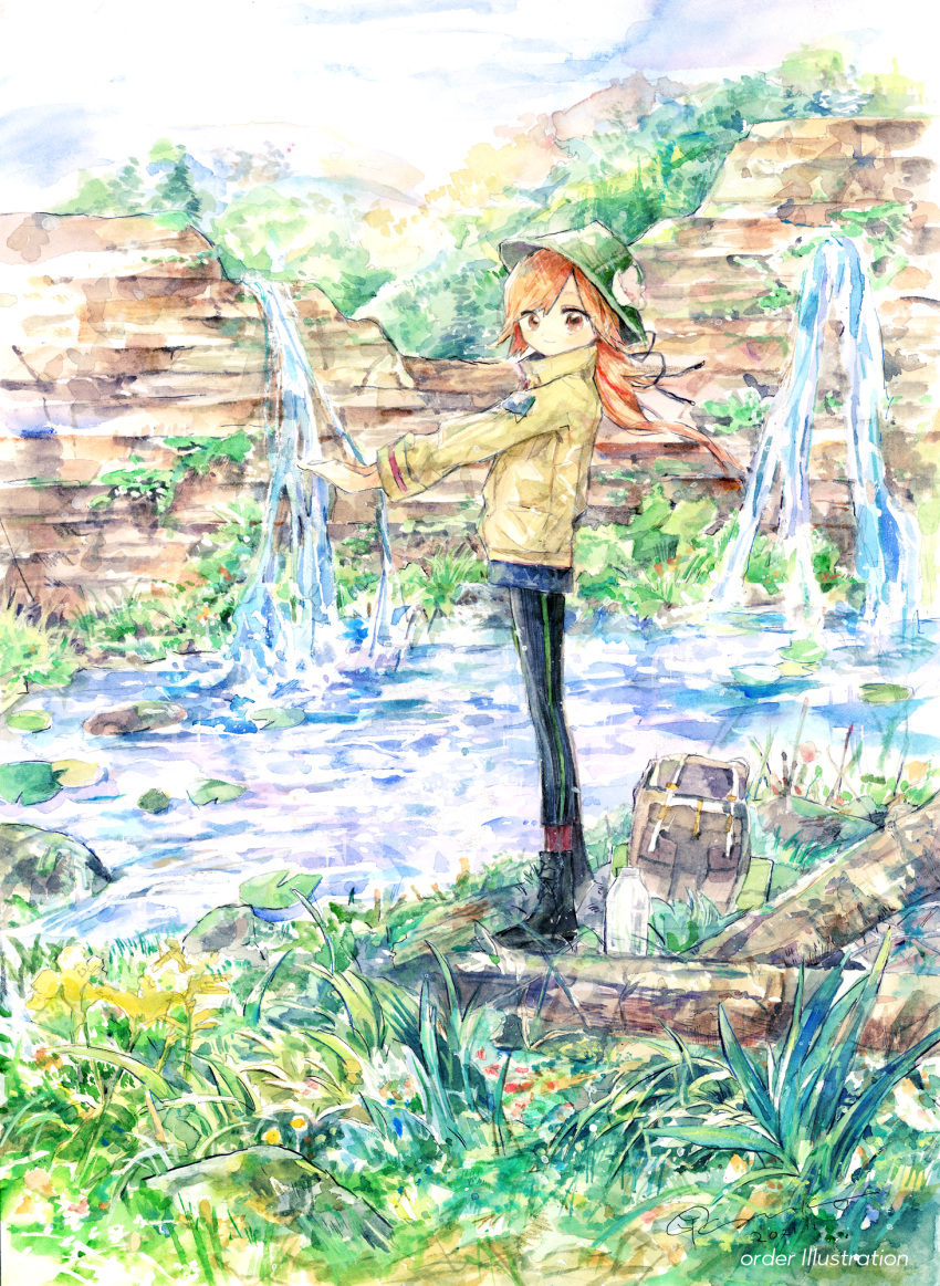 1girl bag black_pants bottle brown_jacket day from_side full_body grass green_hat hair_ribbon hat highres jacket kazuka leaf long_hair long_sleeves looking_at_viewer orange_hair original outdoors painting_(medium) pants plant ribbon solo traditional_media water water_bottle watercolor_(medium) waterfall