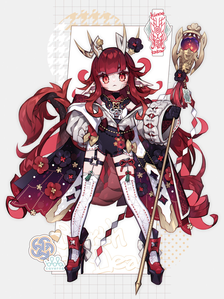 1girl artist_logo black_flower black_gloves chinese_zodiac dragon_tail earrings flower flower_ornament gloves high_heels highres holding holding_staff horns idola jewelry long_hair looking_at_viewer multiple_earrings nontraditional_miko original pointy_ears red_eyes red_flower red_tail ribbon scales solo staff stud_earrings tail thigh_strap thighhighs white_ribbon white_thighhighs year_of_the_dragon