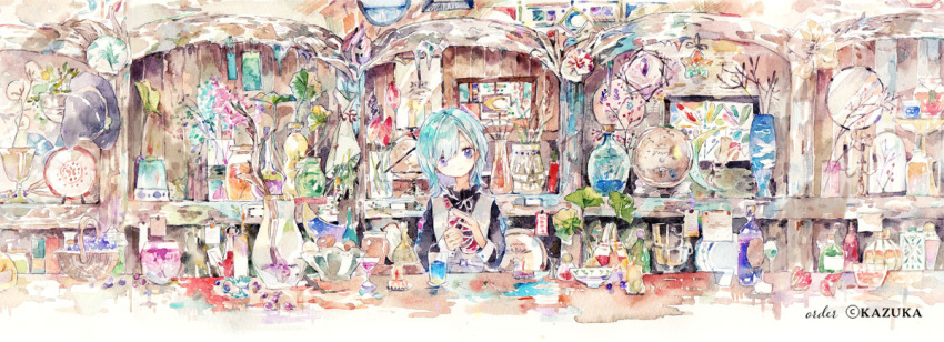 1girl basket black_shirt blue_eyes bottle bowl cup drinking_glass green_hair kazuka long_sleeves medium_hair original painting_(medium) plant porcelain shirt solo swept_bangs table traditional_media vase vest watercolor_(medium) wide_shot