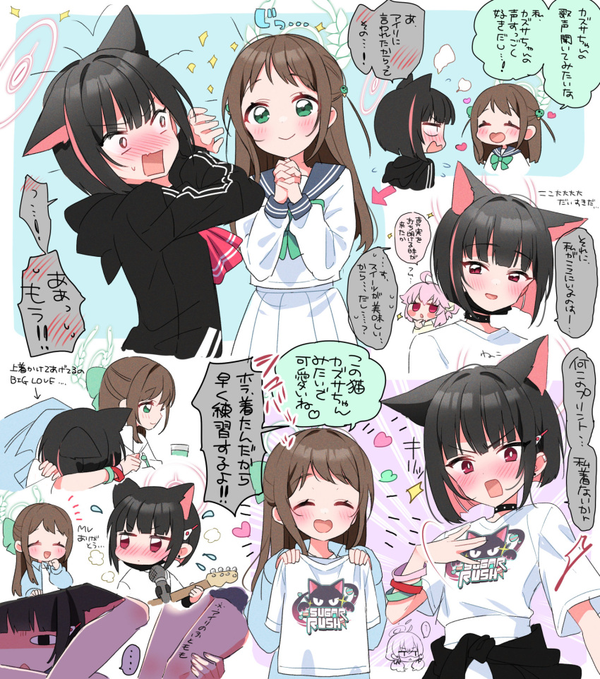 2girls airi_(blue_archive) animal_ears black_hair black_jacket blue_archive blush brown_hair cat_ears choker collage colored_inner_hair commentary_request extra_ears green_eyes hair_ornament hairclip halo highres izumi_kirifu jacket kazusa_(blue_archive) long_hair long_sleeves multicolored_hair multiple_girls pink_hair pink_halo pleated_skirt print_shirt school_uniform serafuku shirt short_hair skirt t-shirt translation_request two-tone_hair white_serafuku white_skirt