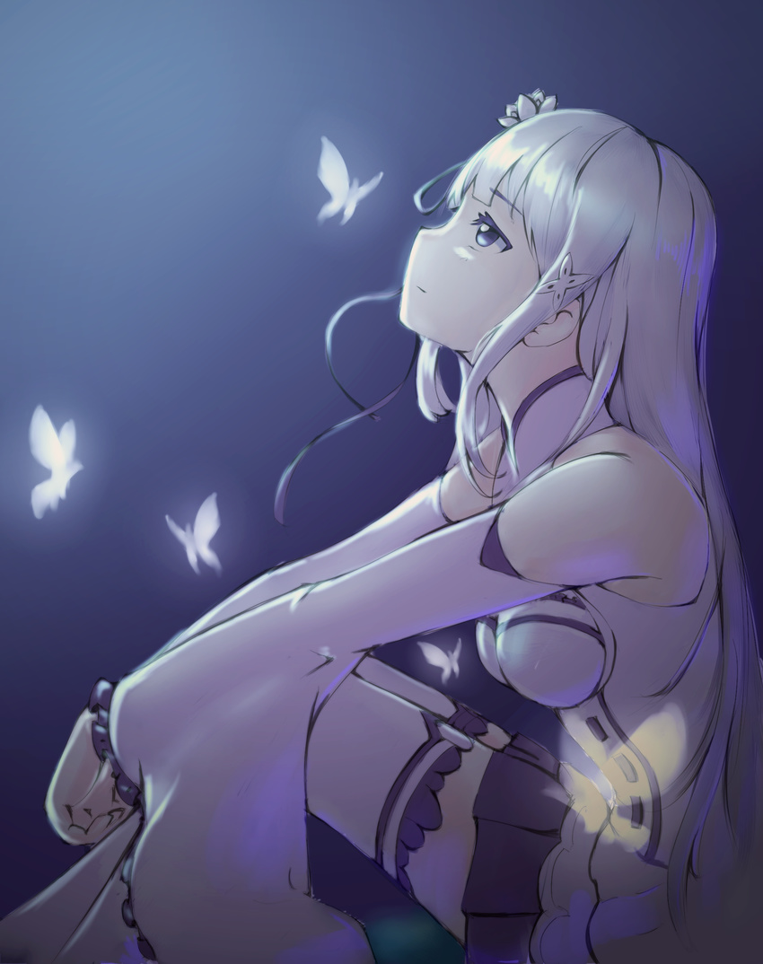 absurdres black_skirt blue_background blue_eyes breasts bug butterfly detached_sleeves emilia_(re:zero) flower gradient gradient_background hair_flower hair_ornament hair_ribbon highres insect long_hair looking_up medium_breasts miniskirt pleated_skirt re:zero_kara_hajimeru_isekai_seikatsu ribbon shirt shoshinsha_kibakiba silver_hair silver_ribbon sitting skirt sleeveless sleeveless_shirt solo very_long_hair white_flower white_shirt