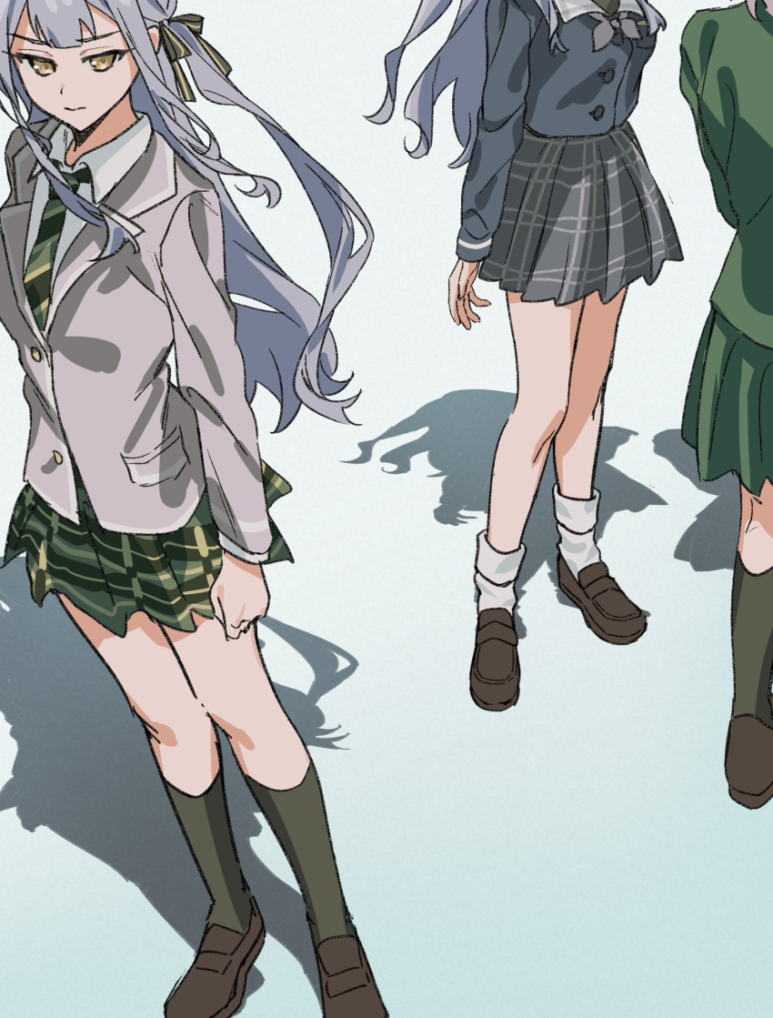 3girls bang_dream! bang_dream!_it's_mygo!!!!! black_ribbon black_socks blue_background blue_hair blue_shirt brown_footwear closed_mouth collared_shirt commentary dual_persona expressionless gradient_background green_jacket green_necktie green_skirt grey_jacket grey_neckerchief grey_skirt haneoka_school_uniform hashtag-only_commentary highres jacket kimini_(kimini_0110) kneehighs loafers long_hair long_sleeves multiple_girls neckerchief necktie plaid plaid_skirt pleated_skirt ribbon school_uniform shadow shirt shoes skirt socks takamatsu_tomori togawa_sakiko tsukinomori_school_uniform two_side_up white_shirt white_socks yellow_eyes