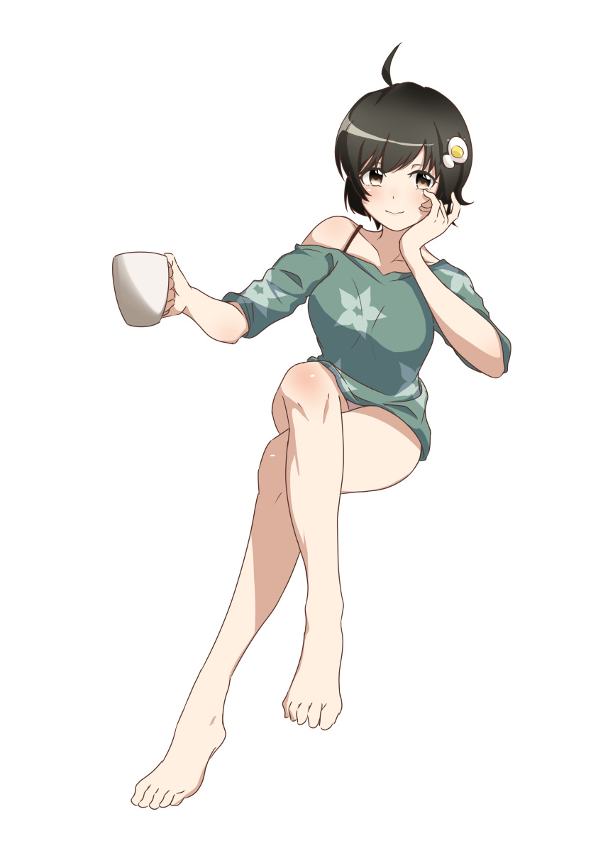 1girl absurdres araragi_tsukihi bakemonogatari bare_legs barefoot black_hair blush breasts brown_eyes closed_mouth cup egg_hair_ornament feet food-themed_hair_ornament green_shirt hair_between_eyes hair_ornament highres holding holding_cup medium_breasts monogatari_(series) nishizuki_shino shirt smile solo toes white_background