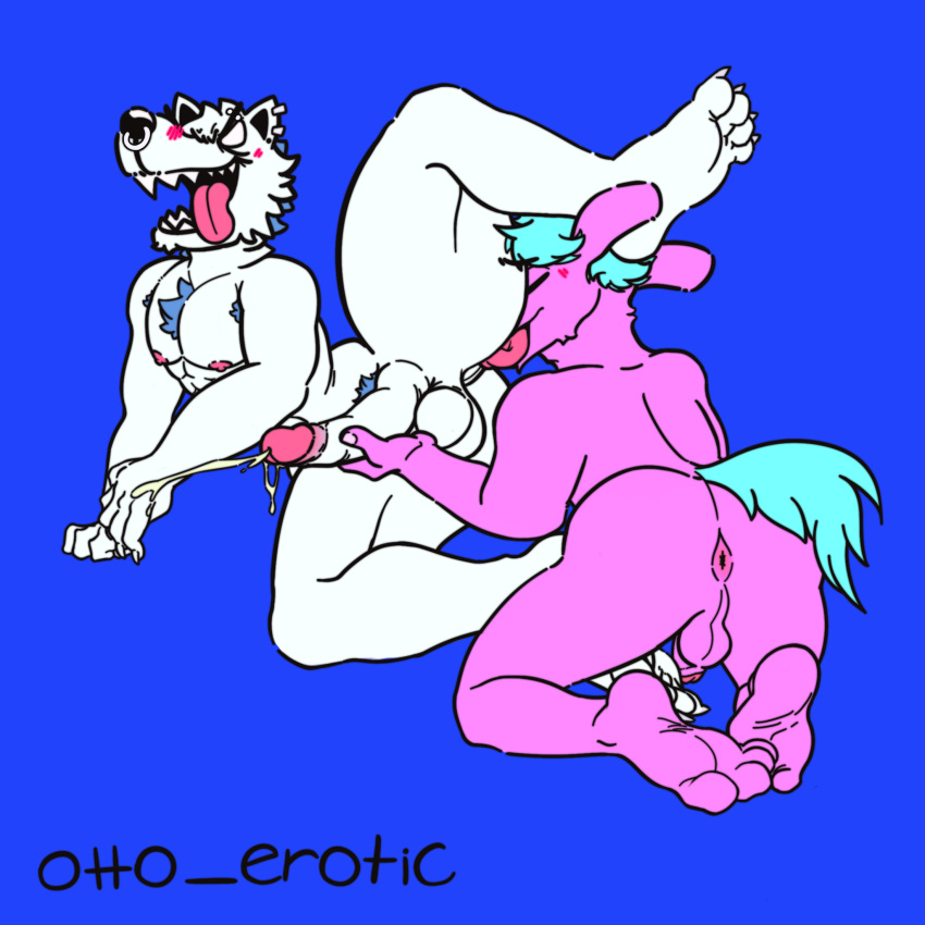 anal anus asinus bodily_fluids canid canine cum cumshot donkey duo ejaculation equid equine erection fangs flaccid genital_fluids genitals gooning hi_res humanoid licking male male/male mammal oral otto_erotic penis piercing rimming sex teeth thick_thighs tongue tongue_out