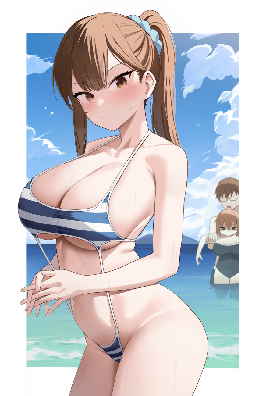 1boy 2girls absurdres bexercube blue_scrunchie blue_sky breasts brown_eyes brown_hair closed_mouth cloud collarbone commentary_request day glasses hair_ornament hair_scrunchie highres kotobuki_hisako large_breasts long_hair looking_at_viewer michinoko_komaro michinoku_komaro mizunoe_ume multiple_girls navel ocean one-piece_swimsuit outdoors revision scrunchie seitokai_nimo_anawa_aru! sky striped_clothes striped_one-piece_swimsuit swimsuit thighs wet