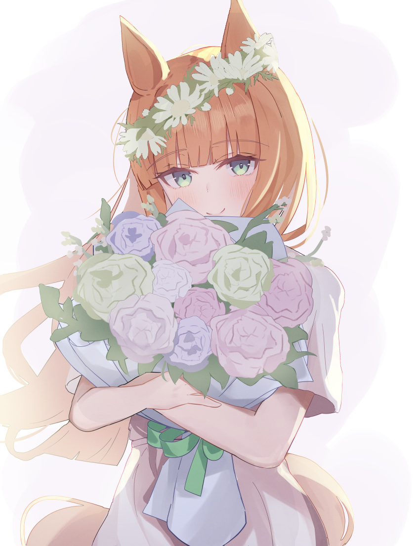 1girl absurdres animal_ears blue_flower blunt_bangs blush bouquet closed_mouth commentary_request dress flower green_eyes green_flower head_wreath highres holding holding_bouquet horse_ears horse_girl horse_tail kaedemaru long_hair looking_at_viewer orange_hair pink_flower short_sleeves silence_suzuka_(umamusume) smile solo tail umamusume white_dress white_flower