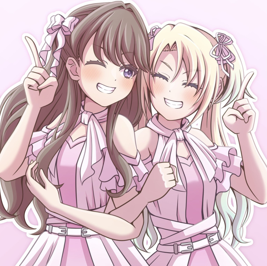 2girls ;d ^_^ belt blonde_hair blue_hair blush bow breasts brown_hair closed_eyes clothing_cutout commentary_request dress fujishima_megumi ganbarai gradient_hair grin hair_bow hair_ribbon halter_dress halterneck highres index_finger_raised layered_dress light_blue_hair link!_like!_love_live! link_to_the_future_(love_live!) locked_arms long_hair looking_at_another love_live! medium_breasts mira-cra_park! multicolored_hair multiple_girls one_eye_closed osawa_rurino outline parted_bangs pink_background pink_bow pink_dress pink_ribbon purple_eyes ribbon shoulder-to-shoulder shoulder_cutout sidelocks smile twintails two_side_up upper_body virtual_youtuber white_belt white_dress white_outline