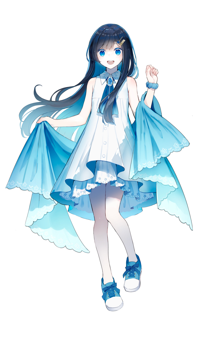 1girl absurdres ascot bare_shoulders black_hair blue_ascot blue_eyes blue_footwear blue_hair blue_shawl brooch buttons cevio collared_dress colored_inner_hair dress full_body futaba_minato hair_ornament hairclip hand_up highres hitoba jewelry long_hair looking_at_viewer multicolored_hair official_art open_mouth scrunchie second-party_source shawl simple_background sleeveless sleeveless_dress smile solo standing tachi-e transparent_background white_dress wrist_scrunchie