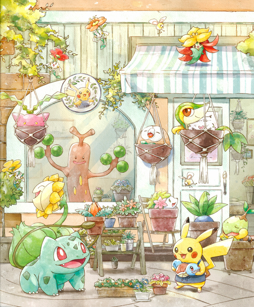 absurdres blue_flower building bulbasaur closed_eyes flower gossifleur hanging_plant highres hoppip kirisaki_(gin16k) no_humans oddish open_mouth orange_flower pikachu pink_flower plant pokemon pokemon_(creature) potted_plant ribombee rowlet shaymin shaymin_(land) snivy squirtle sudowoodo sunflora turtwig window