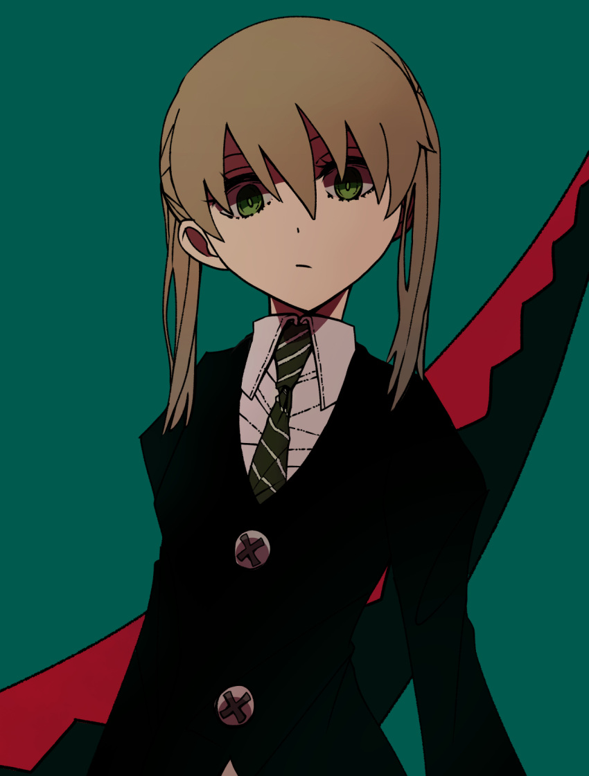 1girl black_jacket blonde_hair cardigan closed_jacket collared_shirt expressionless green_background green_eyes green_necktie hasda highres jacket maka_albarn necktie scythe shirt solo soul_eater striped_necktie twintails white_shirt