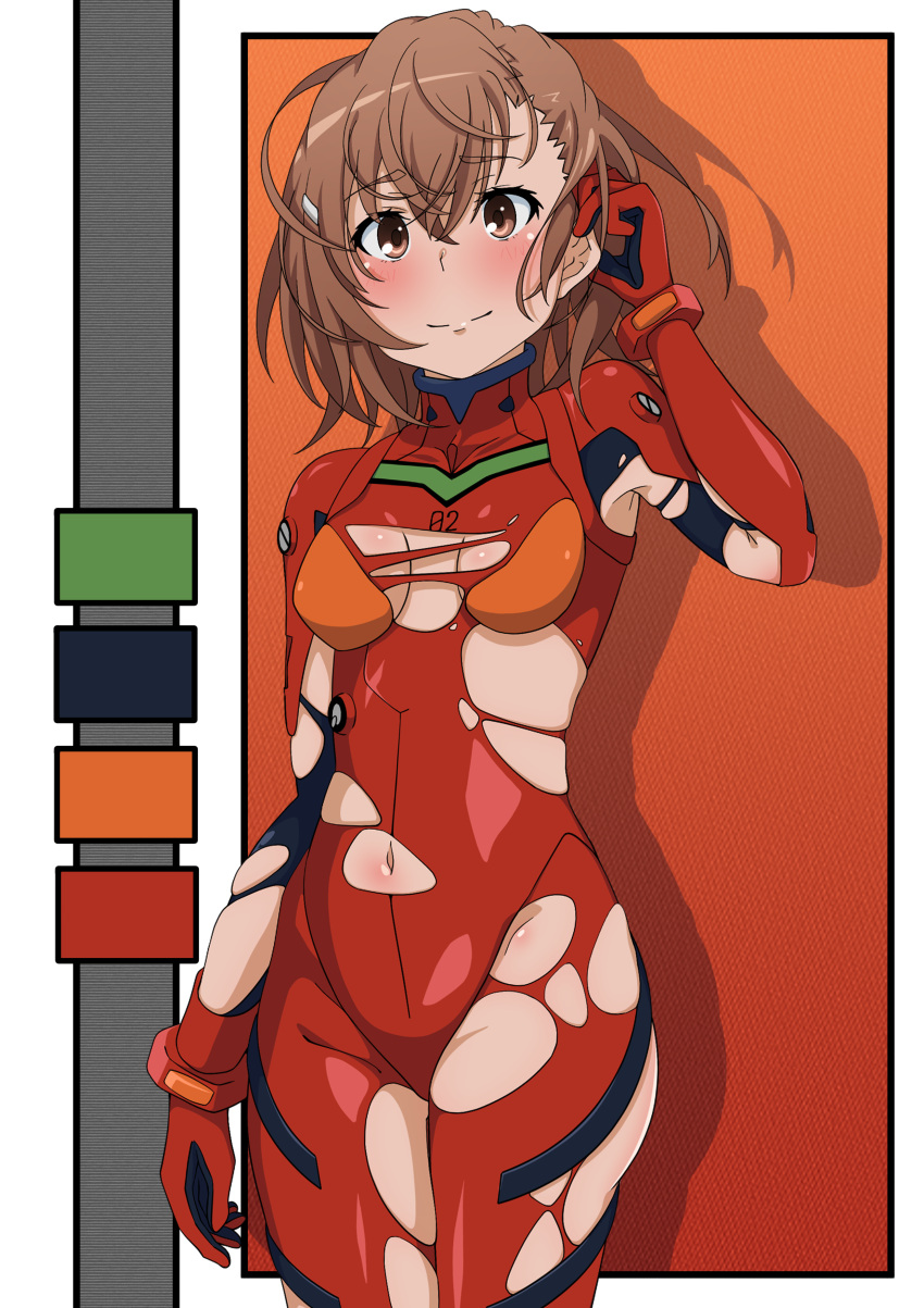 1girl absurdres alternate_costume bodysuit breasts brown_eyes brown_hair cosplay hand_up highres misaka_mikoto navel neon_genesis_evangelion pilot_suit plugsuit railtracer8888 red_bodysuit skin_tight small_breasts smile solo souryuu_asuka_langley souryuu_asuka_langley_(cosplay) toaru_kagaku_no_railgun toaru_majutsu_no_index torn_bodysuit torn_clothes