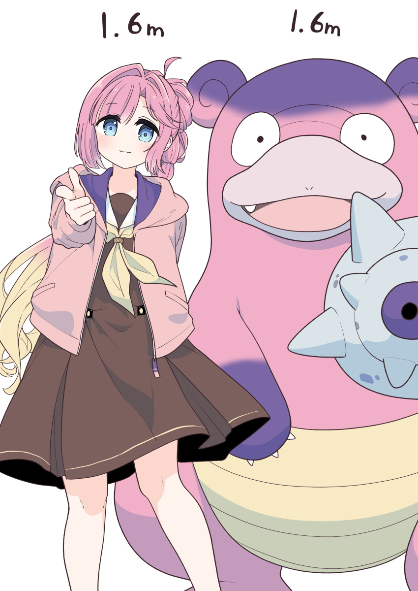 1girl :3 absurdres anyoji_hime blonde_hair blue_eyes blunt_bangs brown_dress closed_mouth commentary crossover dress feet_out_of_frame galarian_slowbro gradient_hair hair_intakes hasu_no_sora_school_uniform height highres index_finger_raised jacket link!_like!_love_live! long_hair long_sleeves looking_at_viewer love_live! medium_dress multi-tied_hair multicolored_hair nao_(70_pocky) neckerchief open_clothes open_jacket open_mouth pink_hair pink_jacket pleated_dress pointing pointing_at_viewer pokemon ponytail sailor_collar sailor_dress school_uniform sidelocks simple_background swept_bangs very_long_hair virtual_youtuber white_background white_sailor_collar winter_uniform yellow_neckerchief