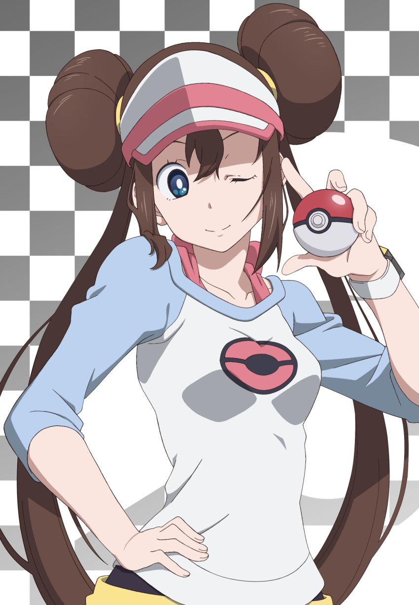 1girl ;) breasts bright_pupils brown_hair closed_mouth commentary_request double_bun eyelashes gensei00 hair_bun hand_on_own_hip hand_up highres holding holding_poke_ball long_hair one_eye_closed poke_ball poke_ball_(basic) pokemon pokemon_bw2 raglan_sleeves rosa_(pokemon) shirt smile solo twintails visor_cap white_pupils