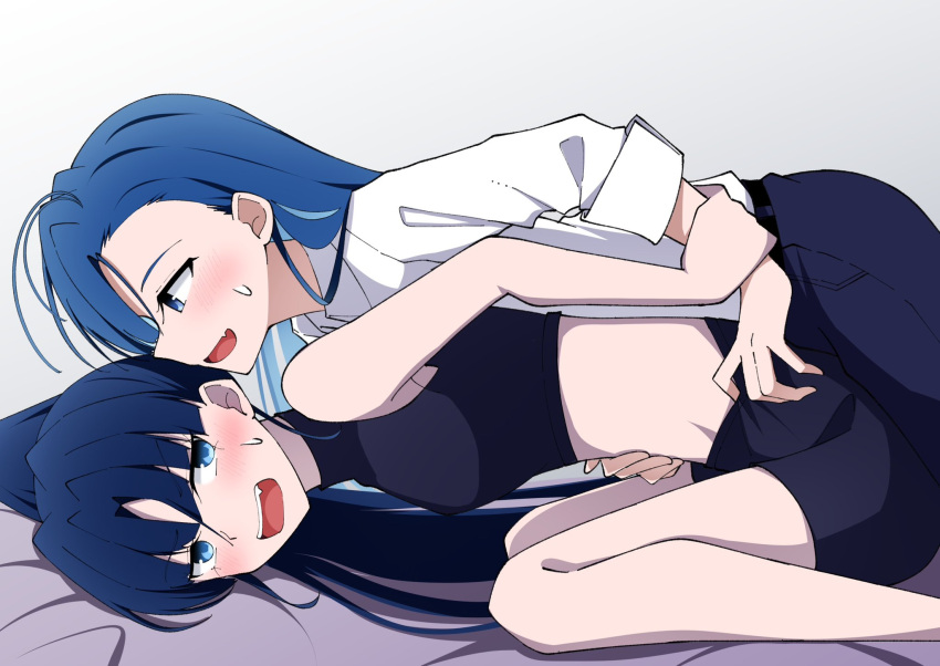 2girls ado_(utaite) ahoge belt black_belt black_shirt black_shorts blue_eyes blue_hair blue_pants blush breasts collared_shirt commentary_request crop_top cropped_shirt fang hair_over_one_eye hand_on_another's_stomach highres long_hair lying merry_(ado) midriff multiple_girls naima_(ado) nori_(norinori_yrl) open_mouth pants ponytail readymade_(ado) shirt shorts simple_background skin_fang sleeveless sleeveless_shirt sleeves_past_elbows small_breasts sweatdrop teeth undressing_another upper_teeth_only usseewa white_background white_shirt yuri