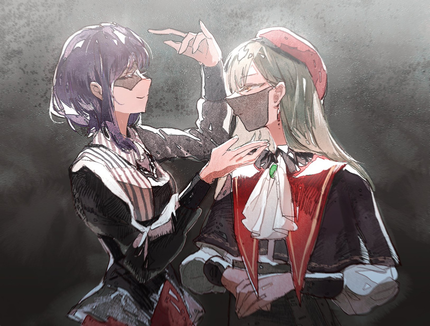 2girls bang_dream! bang_dream!_it's_mygo!!!!! black_capelet black_mask black_shirt black_skirt capelet closed_eyes closed_mouth commentary earrings green_hair grey_background hands_up hat highres jewelry long_hair long_sleeves mask medium_hair mouth_mask multiple_girls purple_hair red_hat reiboubyou shirt skirt smile upper_body wakaba_mutsumi white_shirt yellow_eyes yuutenji_nyamu