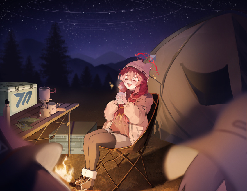 1girl absurdres blue_archive blush braid camping_chair coat cup hair_between_eyes halo hands_up happy hat highres holding holding_cup jacket legs_together long_hair maki_(blue_archive) maki_(camp)_(blue_archive) millennium_science_school_logo miniskirt naseul_777 night night_sky on_chair open_clothes open_jacket outdoors red_hair red_halo relaxing sitting skirt sky solo sparkle star_(sky) starry_sky tea teacup teeth tent thighhighs thighs twin_braids twintails upper_teeth_only winter_clothes winter_coat