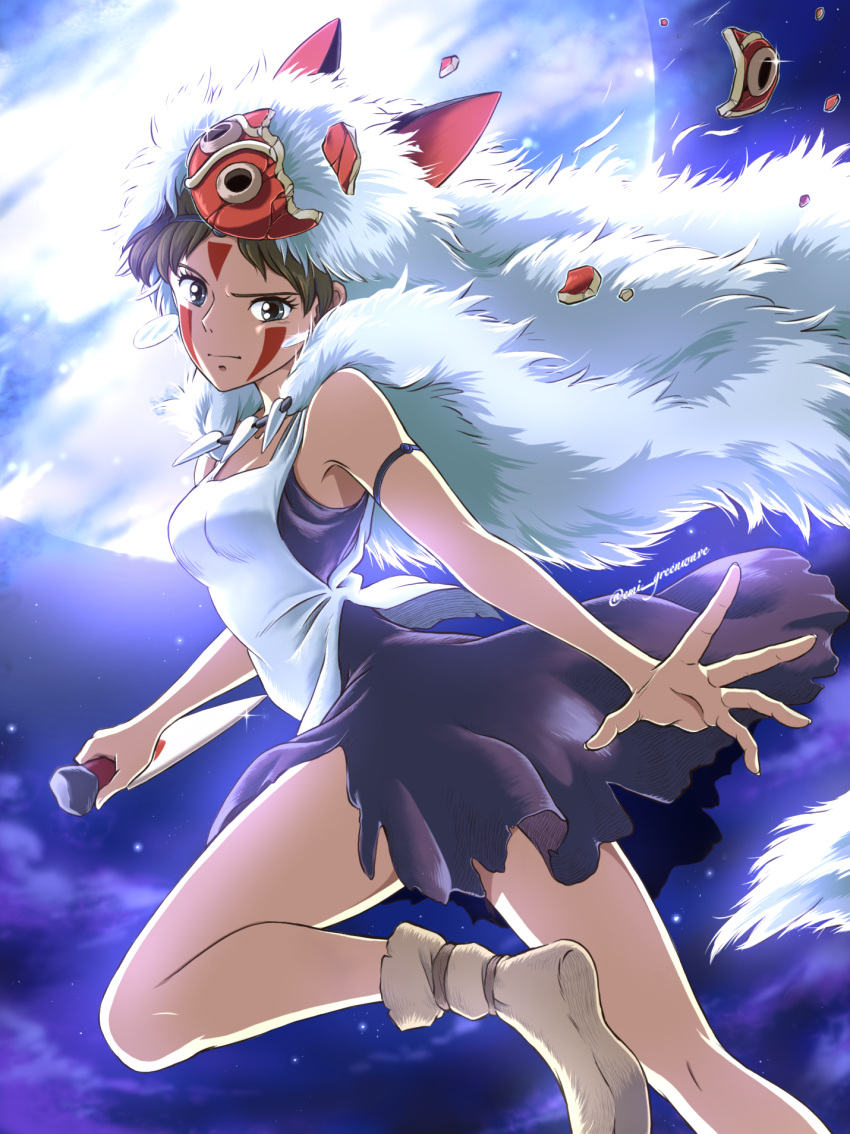 1girl apron black_dress brown_hair cape cloud cloudy_sky dagger dress earrings emi_(green_wave) facial_mark fur_cape highres holding holding_knife huge_moon jewelry knife looking_at_viewer mask mononoke_hime moon necklace night night_sky san_(mononoke_hime) shattered short_hair sky solo weapon white_apron white_cape