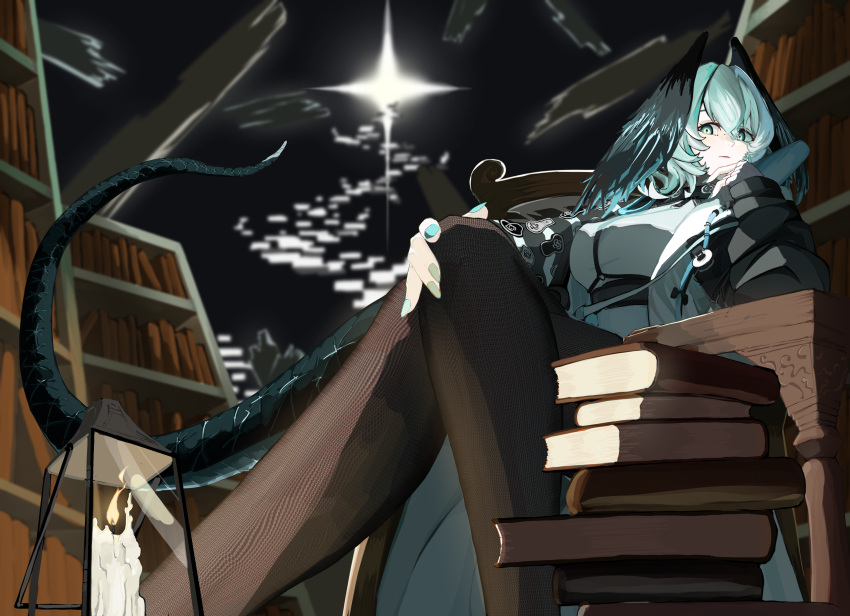 1girl absurdres aqua_eyes aqua_wings arknights between_breasts black_coat black_pantyhose book breasts candle coat dress feathered_wings feet_out_of_frame fingerless_gloves gloves hair_between_eyes head_wings highres ho'olheyak_(arknights) lamp library long_sleeves long_tail looking_at_viewer maf_clothes nail_polish open_clothes pantyhose pencil_dress scales sitting snake_tail solo strap_between_breasts tail white_dress wings