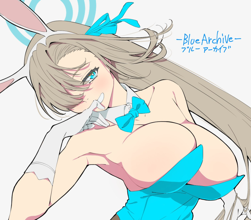 1girl animal_ears asuna_(blue_archive) asuna_(bunny)_(blue_archive) bare_shoulders blue_archive blue_bow blue_bowtie blue_eyes blue_halo blue_leotard blue_ribbon bow bowtie breasts bright_pupils brown_hair cleavage collarbone copyright_name detached_collar fake_animal_ears gloves grey_background hair_over_one_eye hair_ribbon halo hashtag-only_commentary highres large_breasts leotard long_hair looking_at_viewer official_alternate_costume rabbit_ears ribbon saitou_kengo simple_background smile solo upper_body white_gloves white_pupils