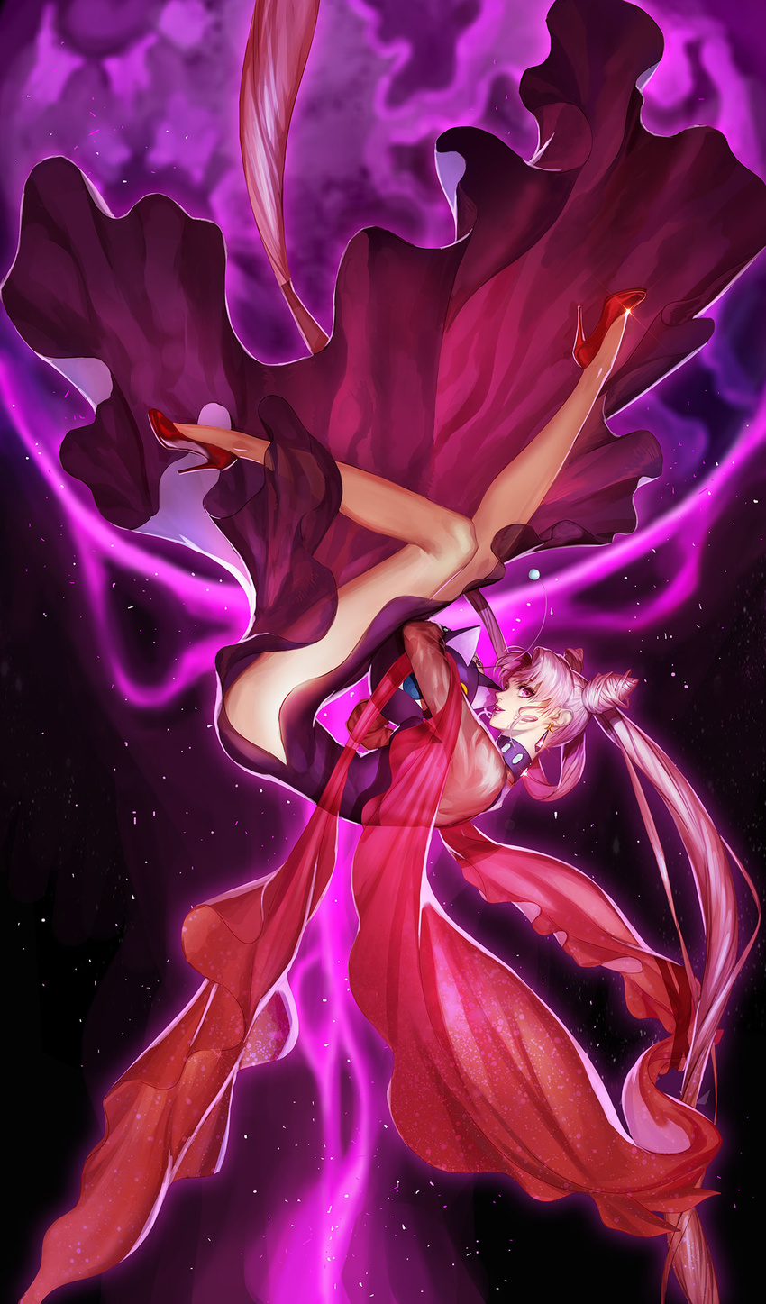 bishoujo_senshi_sailor_moon black_lady choker commentary dress earrings from_side full_body glint high_heels highres jewelry kei_(seona2020) leg_up long_hair luna-p object_hug parted_lips pink_hair profile red_footwear shoes smile solo twintails upside-down very_long_hair