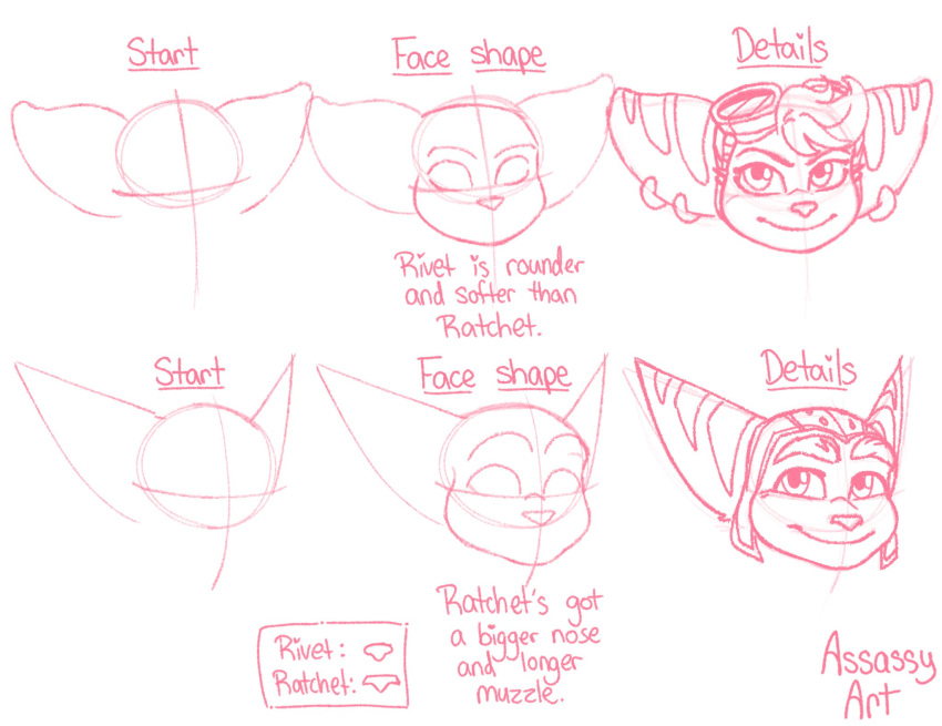 2024 anthro artist_name assassyart clothing ear_piercing english_text eyebrows female guide_lines head_tuft headgear headwear hi_res how-to lombax looking_at_viewer male mammal piercing ratchet_(ratchet_and_clank) ratchet_and_clank rivet_(ratchet_and_clank) sketch smile solo sony_corporation sony_interactive_entertainment stripes text tuft