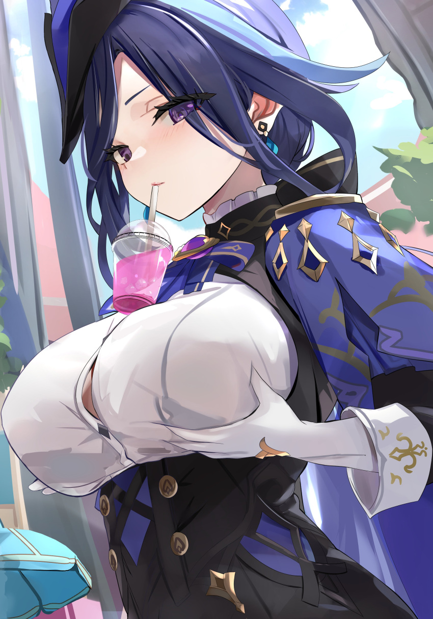 1girl absurdres ascot black_corset blue_cape blue_hair breast_lift breasts bubble_tea_challenge button_gap cape clorinde_(genshin_impact) commentary_request corset cup dark_blue_hair disposable_cup drinking drinking_straw drinking_straw_in_mouth drop_earrings earrings epaulettes fold-over_gloves framed_breasts genshin_impact gloves grabbing_own_breast hat highres jewelry large_breasts lifted_by_self long_hair looking_at_viewer multicolored_hair object_on_breast outdoors purple_ascot purple_eyes shirt solo streaked_hair tomas_(kaosu22) tricorne vision_(genshin_impact) white_gloves white_shirt