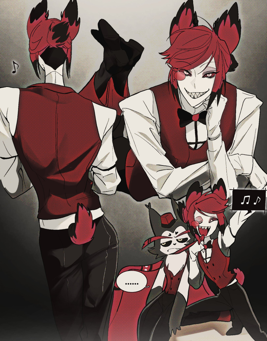 2boys alastor_(hazbin_hotel) animal_ears black_pants bow bowtie colored_sclera deer_ears deer_tail grin hazbin_hotel highres husk_(hazbin_hotel) long_sleeves looking_at_viewer monocle multiple_boys multiple_views one_eye_closed pants red_bow red_bowtie red_sclera red_vest sharp_teeth shirt smile tail teeth vest white_shirt x_y1h yellow_eyes