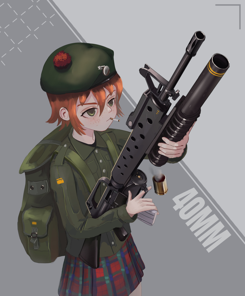 1girl 40mm_grenade absurdres assault_rifle backpack bag beret green_bag green_eyes green_hat green_shirt grenade_launcher grey_background gun hat highres kilt klottinen m16 m16a2 m203 military_uniform orange_hair original plaid plaid_skirt red_hair red_skirt reloading rifle shirt skirt smoke solo tam_o'_shanter underbarrel_grenade_launcher uniform weapon