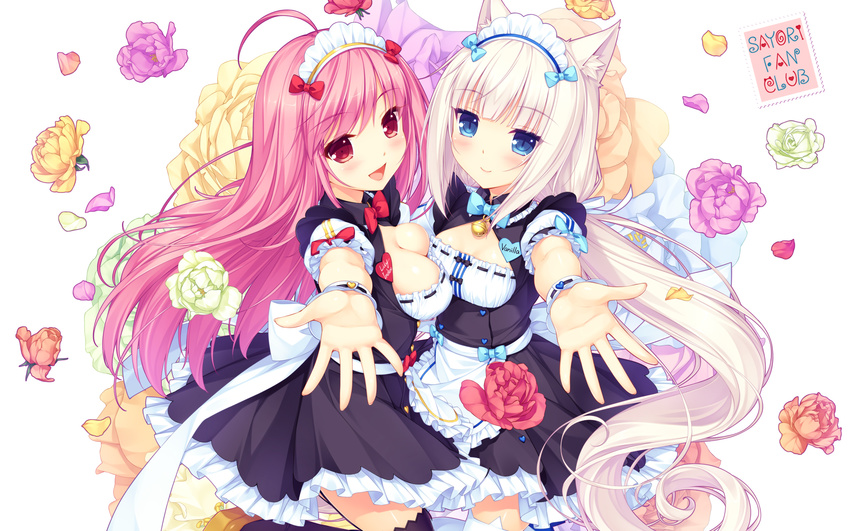 :d animal_band_legwear apron artist_name bell black_dress black_legwear blonde_hair blue_eyes breasts cat_band_legwear character_name cleavage dress eyebrows_visible_through_hair fanbox_reward flower highres lily_index long_hair maid maid_headdress medium_breasts multiple_girls name_tag nekopara official_art open_mouth original outstretched_hand paid_reward pink_eyes pink_flower pink_hair pink_rose puffy_short_sleeves puffy_sleeves red_flower red_rose ribbon-trimmed_clothes ribbon_trim rose sash sayori short_sleeves silver_hair small_breasts smile thighhighs vanilla_(sayori) very_long_hair waist_apron wallpaper white_legwear wrist_cuffs yellow_flower yellow_rose